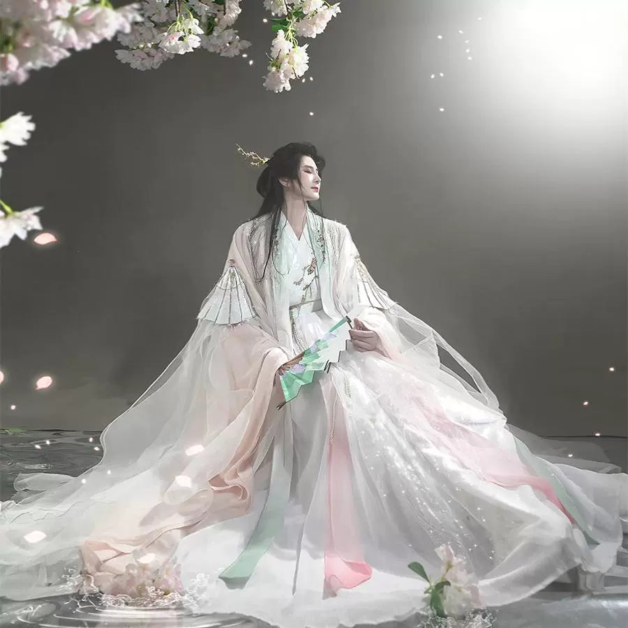 Peach Blossom Veil 桃花扇 - Pink and White Flowing Cross-Collar Hanfu Unisex Traditional Set (Preorder)