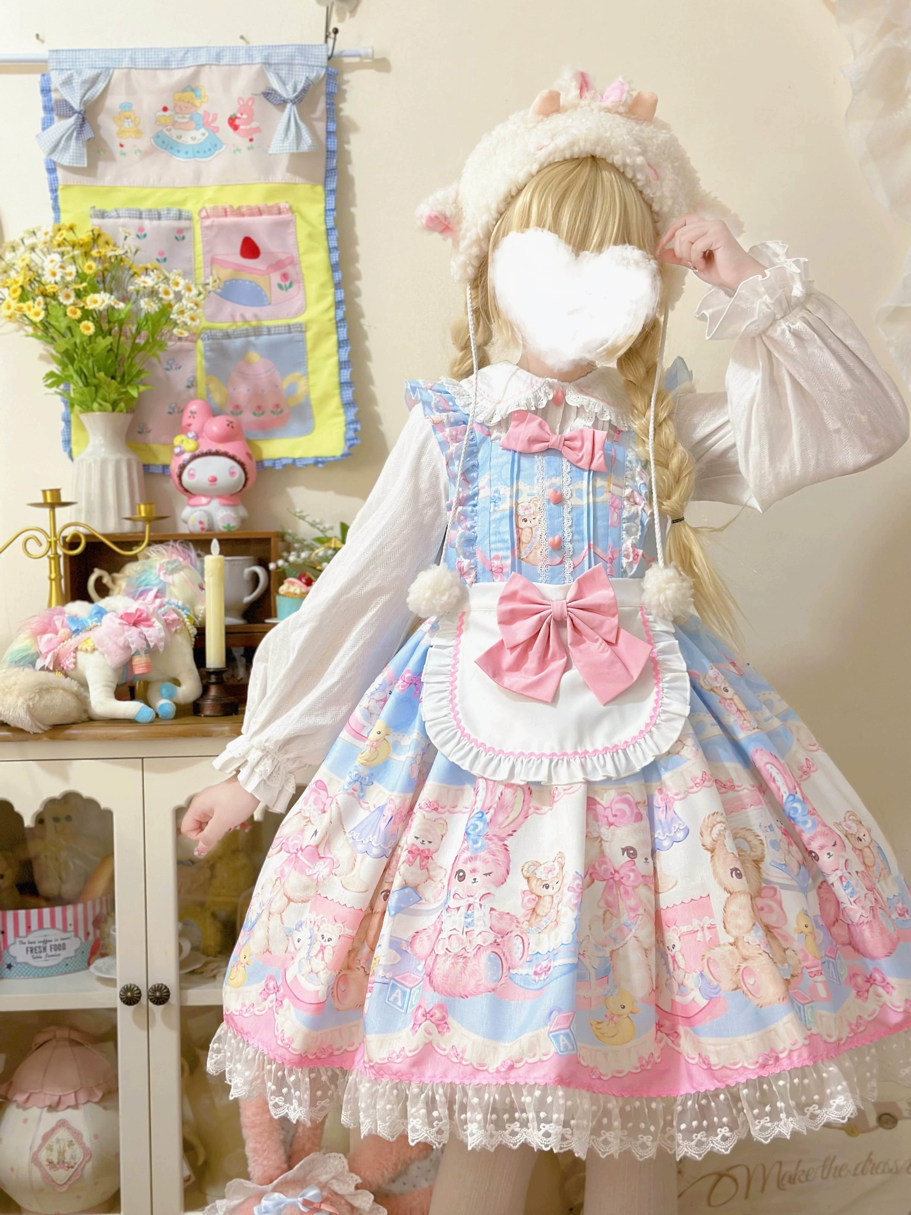 Sweet Bunny Bear - Sweet Lolita Flutter Sleeve Jumper Dress, Bunny Print