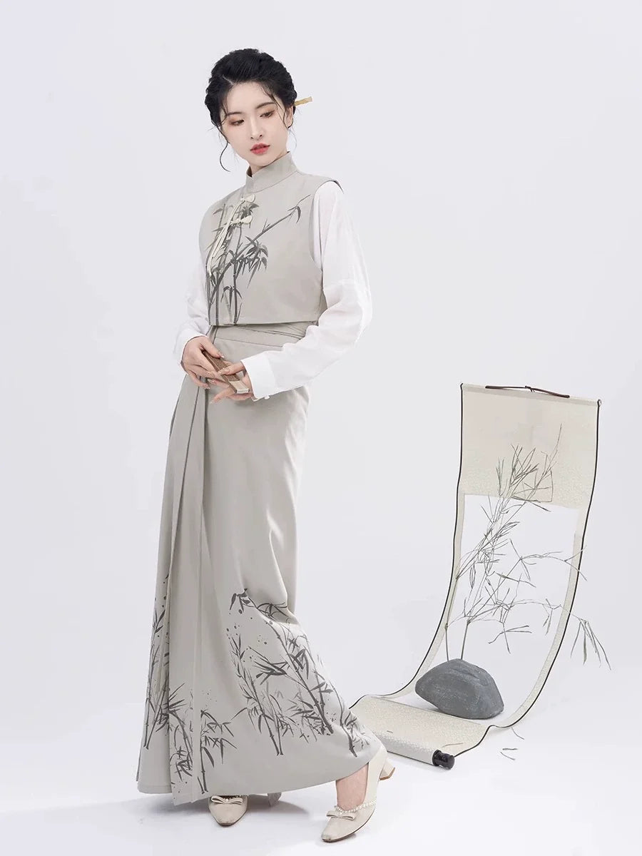 Song Dynasty Modern Hanfu Set with Majia, Long Sleeve Top and Spiral Skirt - Charming Bamboo 君竹 (Preorder)