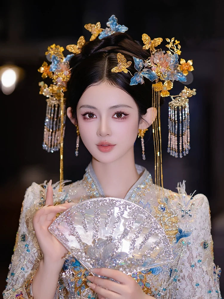 Enchanted Lotus Bloom - Blue and Gold Floral Tassel Bridal Hairpin Fairy-Style Chinese Wedding Accessories