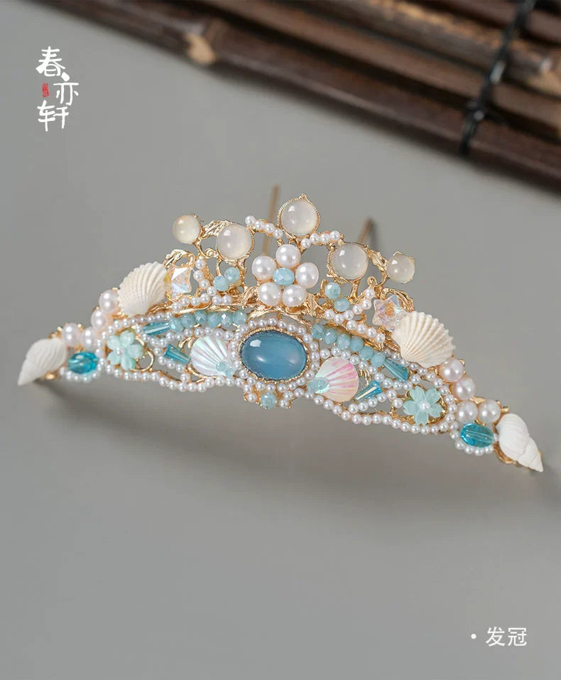 Seaside Mermaid Princess - Dreamy Summer Hanfu Hair Accessories Set, Ethereal Ocean Style