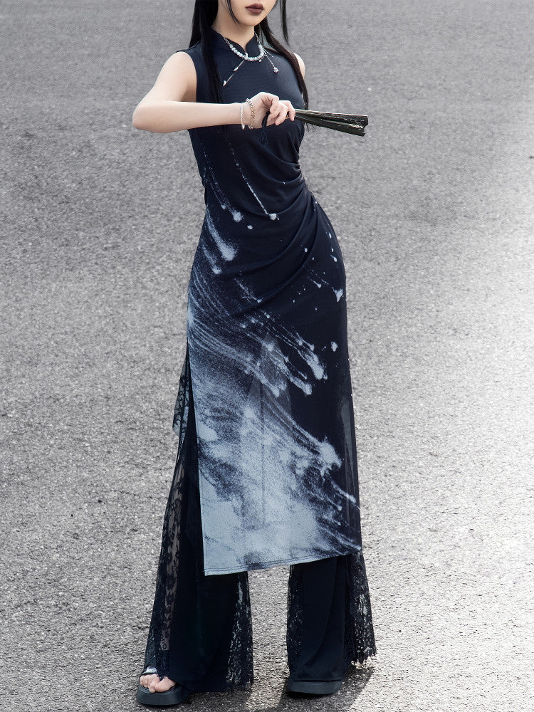 New Chinese Style Meteor Knitted Cheongsam Sleeveless Dress - Night Galaxy 暗夜星河 (Preorder)