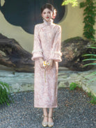 Long Sleeve Fur Trim Floral Qipao | Romance