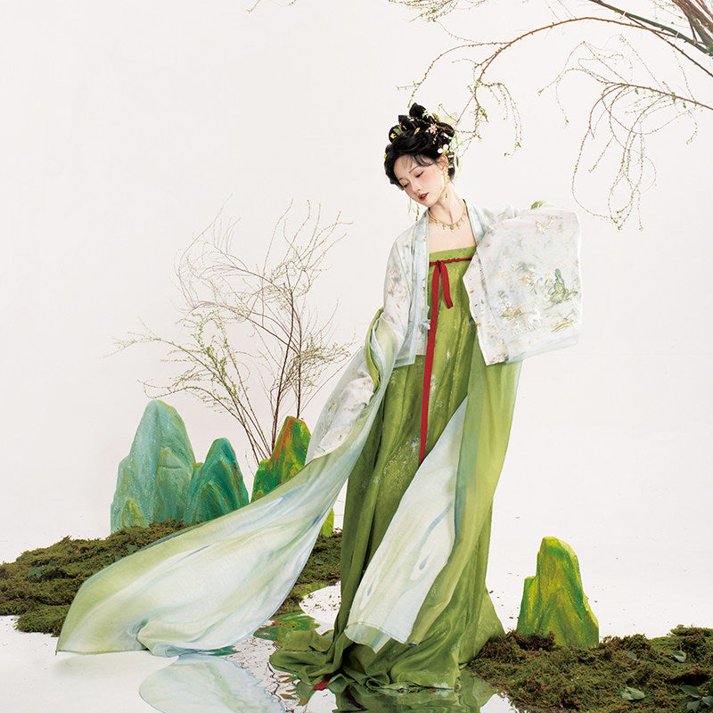 Spring Deer | Tang Style Hanfu Set with Famen Temple Shawl and Qixiong Skirt