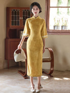 Mid Sleeve Antique Gold Cheongsam | Autumn