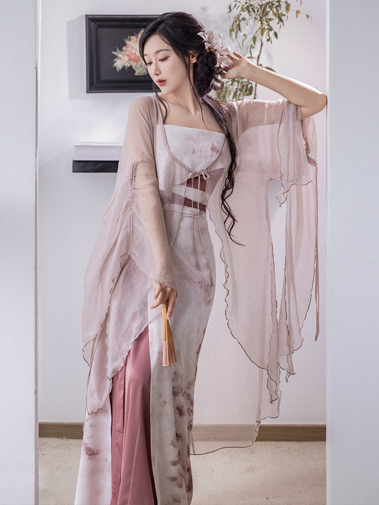 Song Dynasty Modern Hanfu Fairy Cardigan and Spiral Skirt - Rouge Snow 胭脂雪 (Preorder)