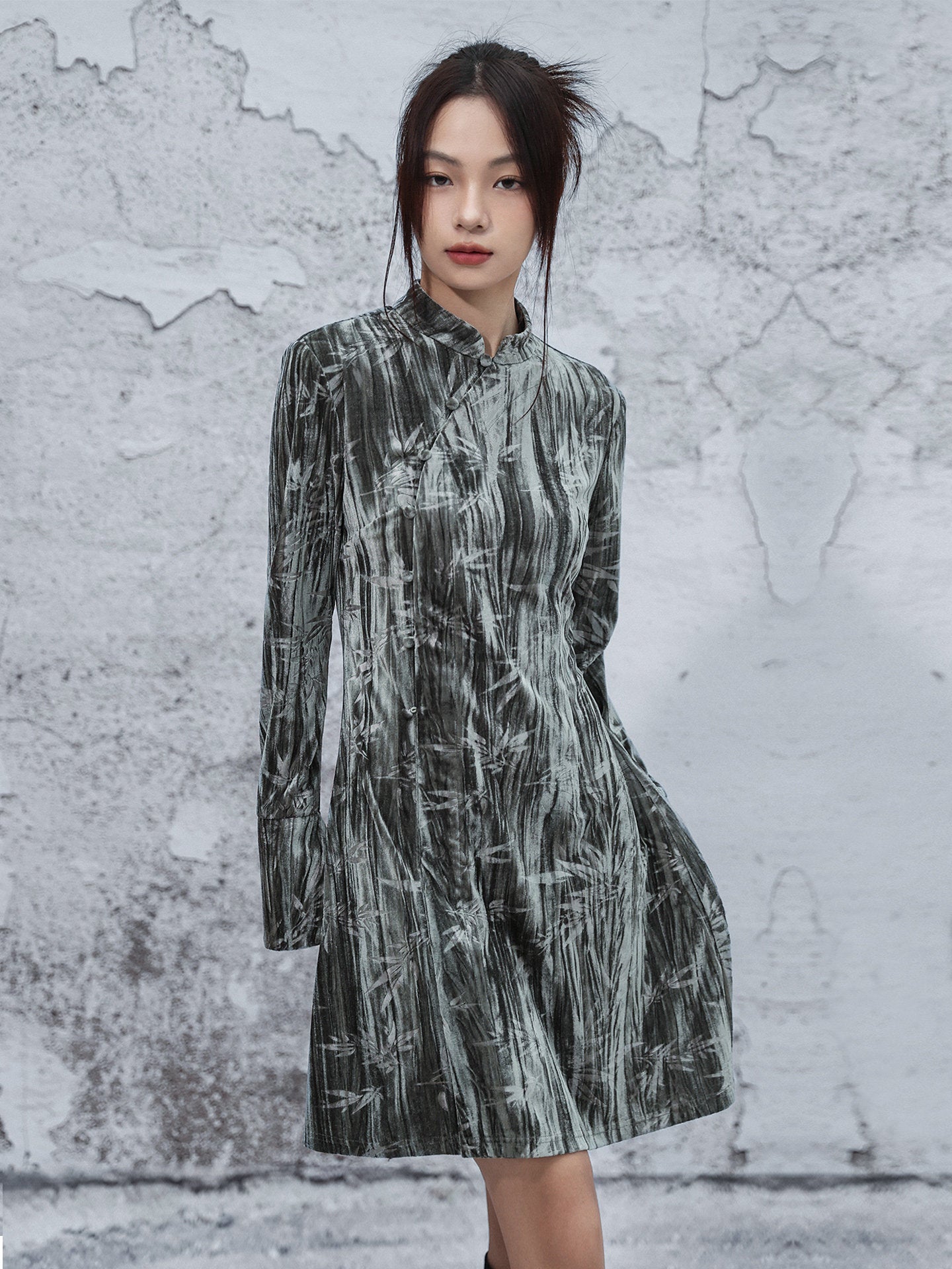 New Chinese Style Embossed Velvet A-Line Dress