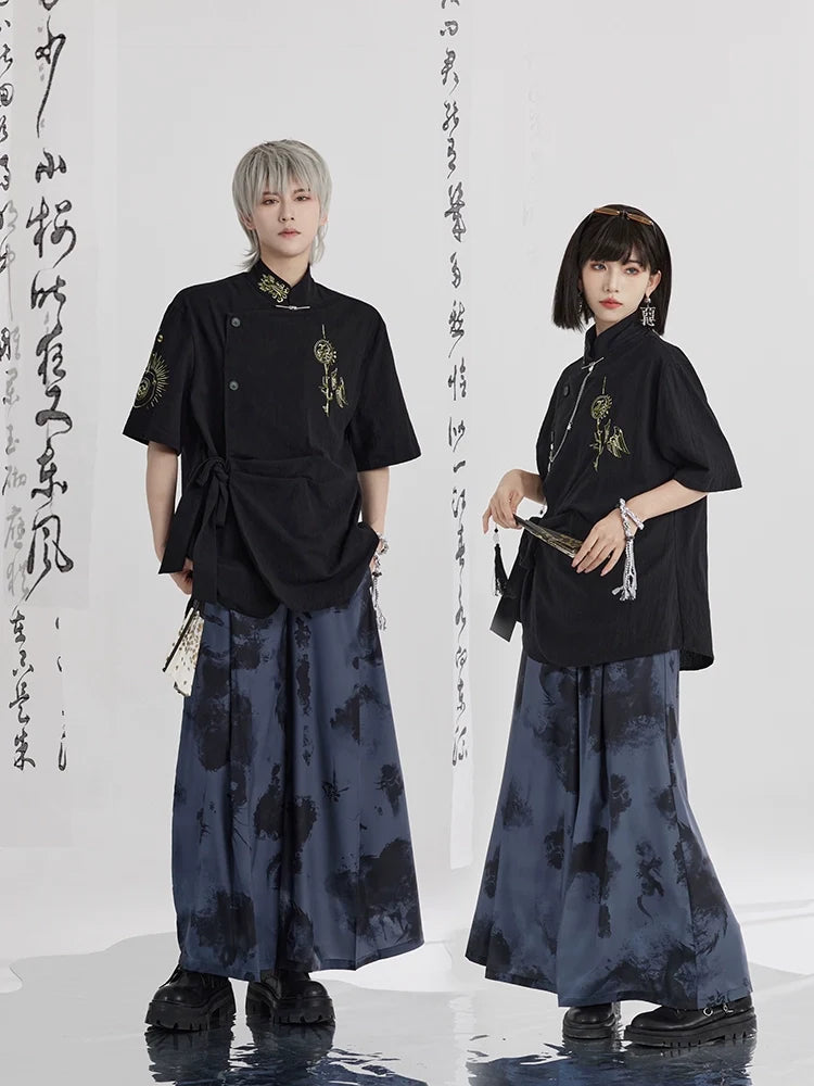 Fengming 凤鸣 - New Chinese Style Printed Shirt Wide Leg Pants