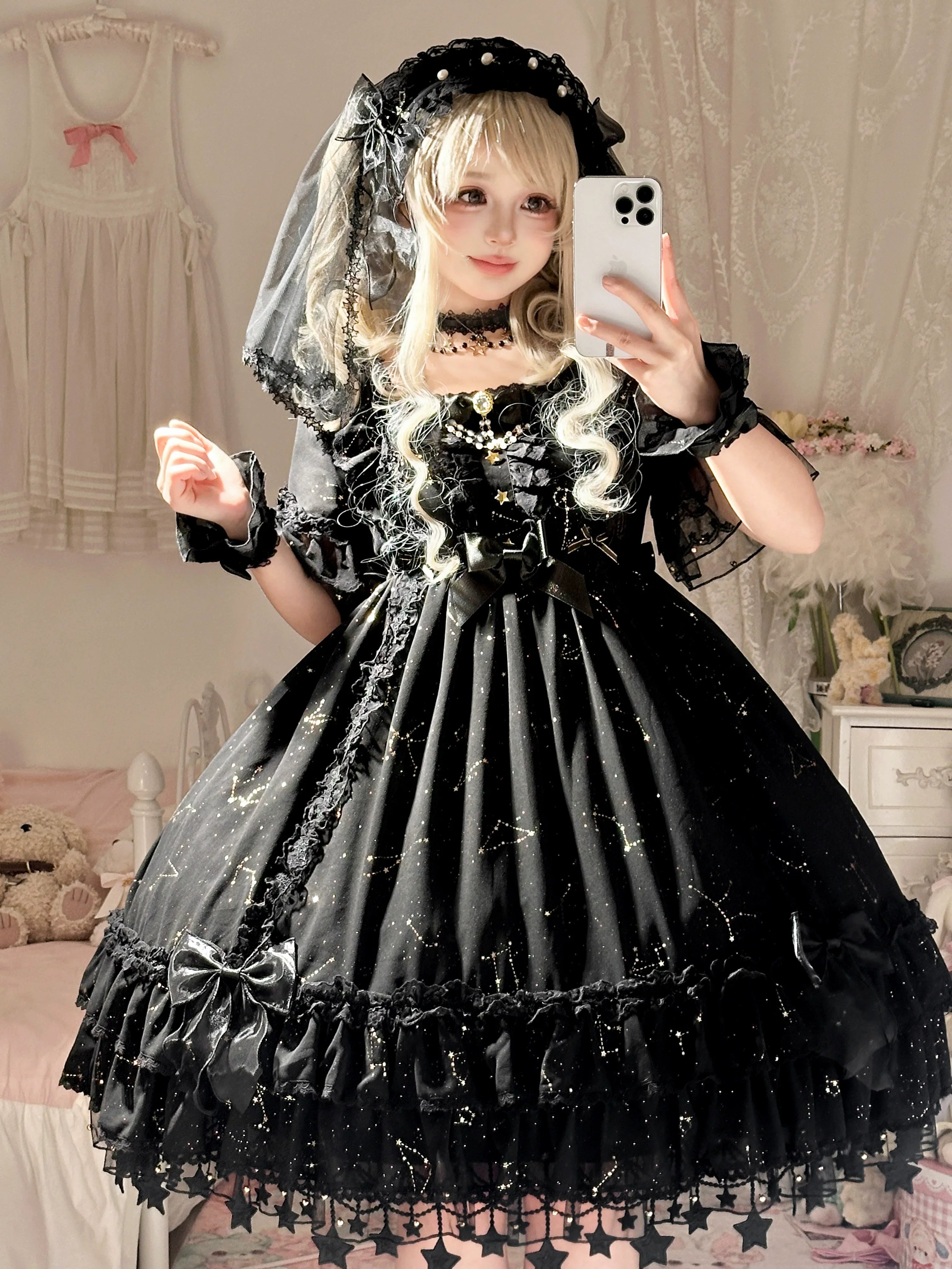 Whisper of Stars - Vintage Lolita Black OP Dress, Constellation-Themed