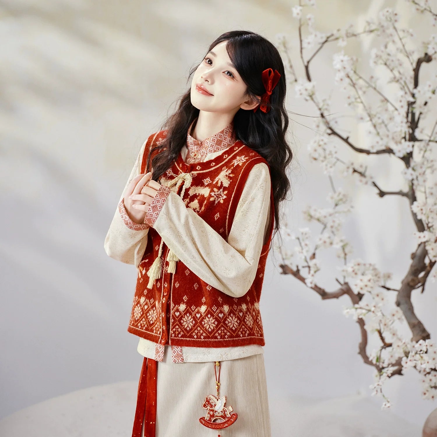 Peace of Years 岁安 - Song Dynasty Modern Hanfu Winter Knitted Bijia with Top and Flowing Skirt Set (Preorder)