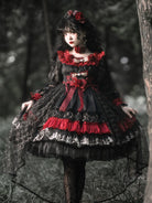 Night of Berea - Black and Red Gothic Lolita OP Dress, Floral Accent