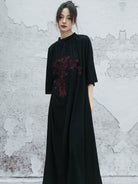 New Chinese Style Embroidered Loose Black Dress - Denglei 灯芯