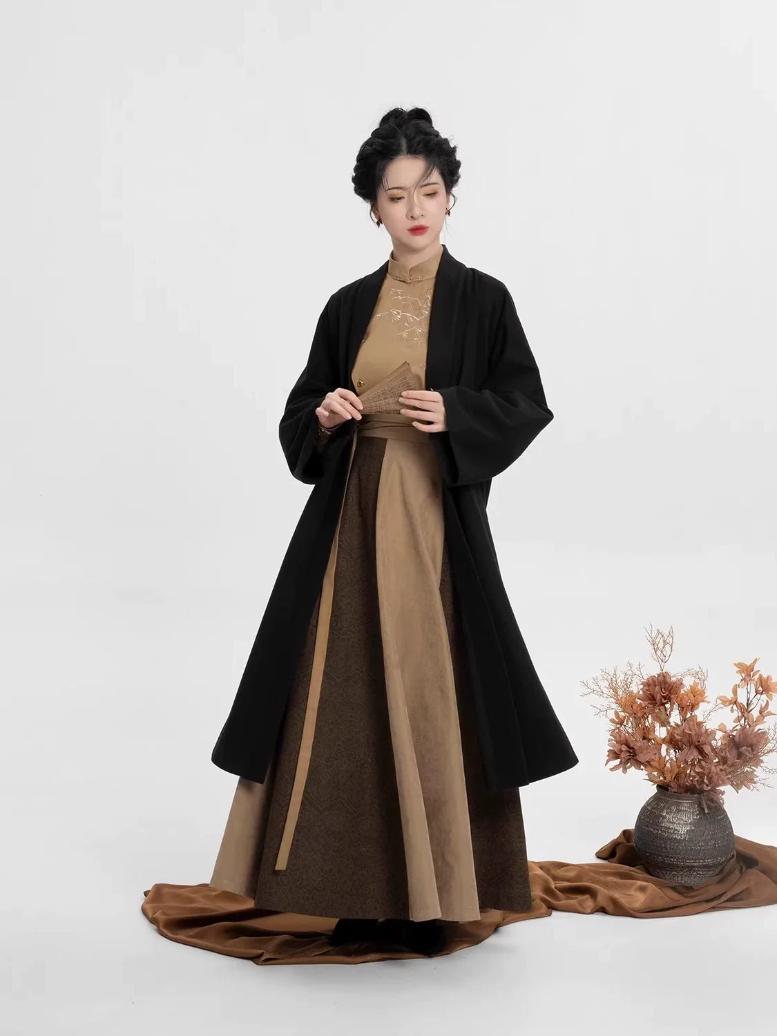 New Chinese Style Women Long Sleeve Top, Skirt & Long Coat Modern Hanfu Set - Brown Pine 泠竹褐松 (Preorder)