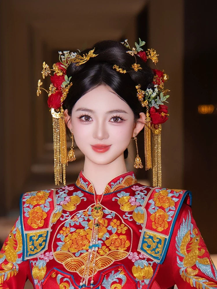 Crimson Phoenix Whisper - Red and Gold Phoenix Bridal Hairpin Vintage Chinese Wedding Headpiece