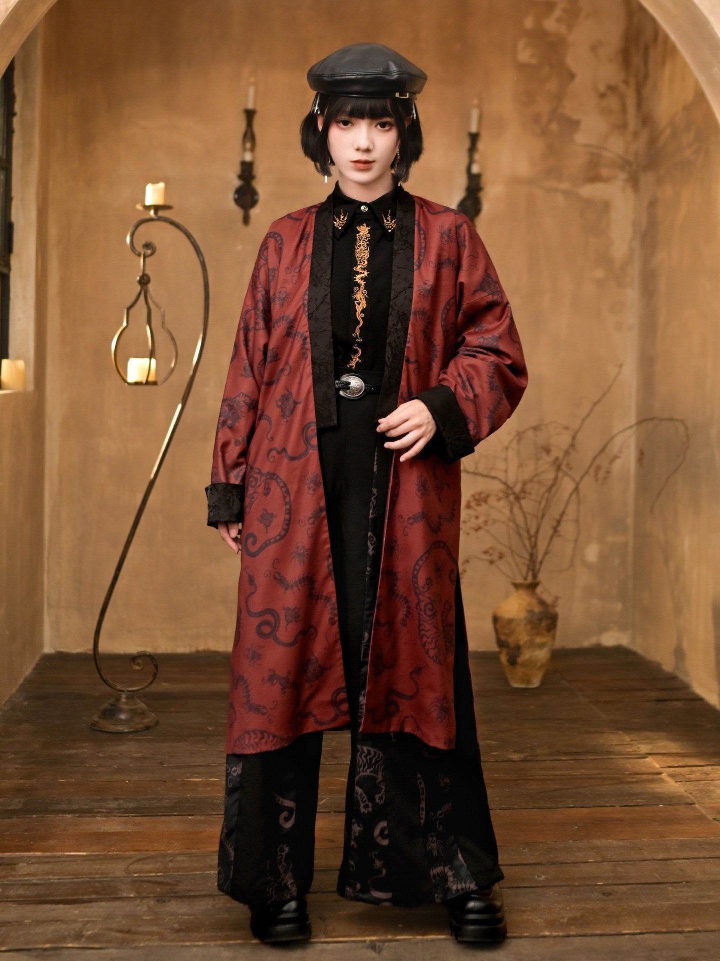 New Chinese Style Black and Red Print Antique Long Coat - Five Poisons 五毒