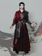 Burning Night 焚夜 - Red and Black Cross-Collar Hanfu Set, Wuxia Style Warrior Robe with Literary & Martial Sleeves (Preorder)