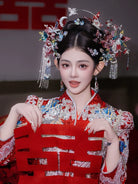 Moonlight - Silver Butterfly and Red Flower Bridal Hairpin Traditional Chinese Wedding Hair Accessories
