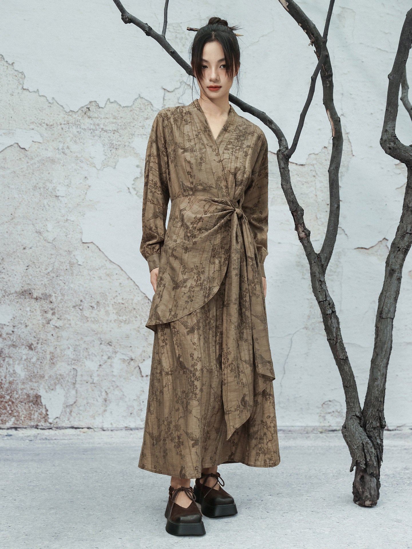 New Chinese Style V Neck Long Sleeve Jacquard Dress
