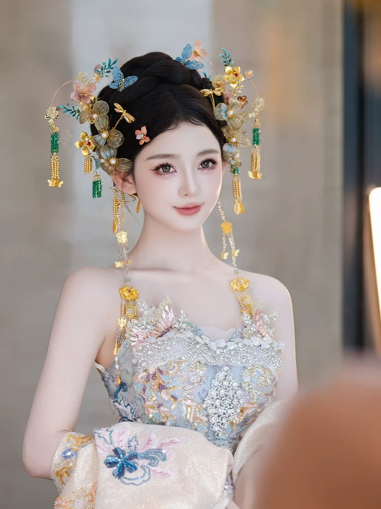 Whisper of Blue Orchids - Light Blue Butterfly Bridal Hairpin Crystal Tassel Chinese Wedding Headpiece