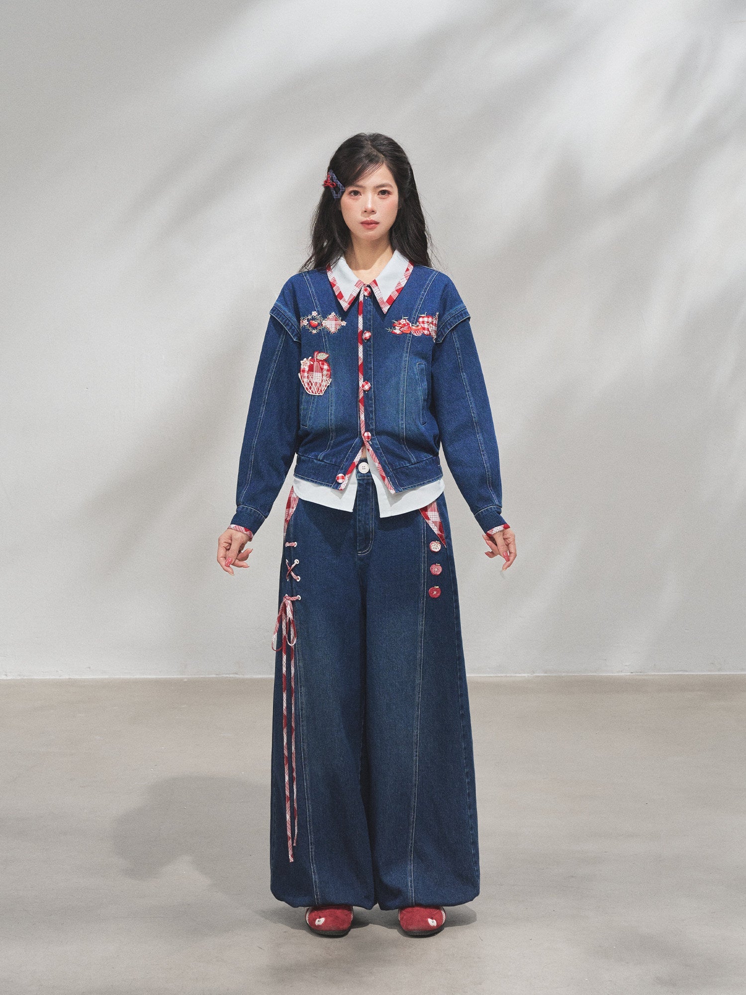 Modern Hanfu Denim Jacket, Trousers & Chinese Style Denim Skirt 苹果园
