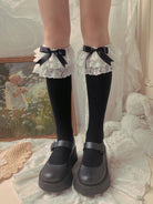 Cotton Lolita Bow Socks with Layered Lace Trim