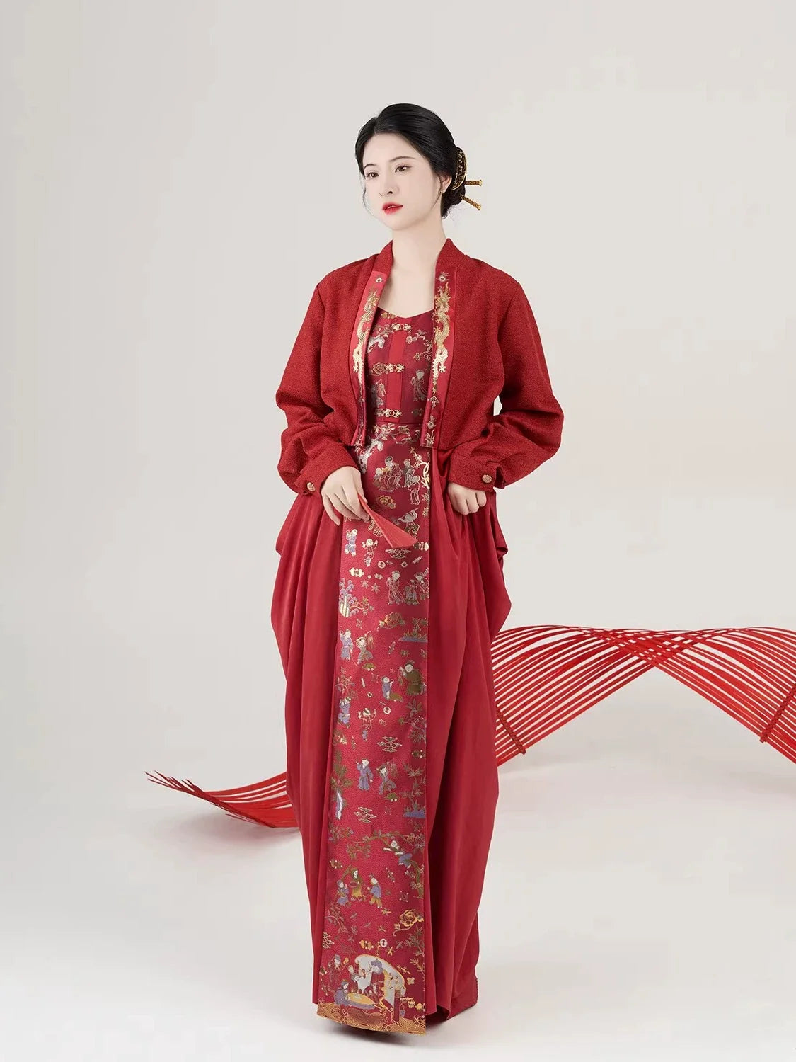 New Chinese Style Wedding Hanfu Bridal Tea Ceremony Slip Dress - Baixi 百禧 (Preorder)
