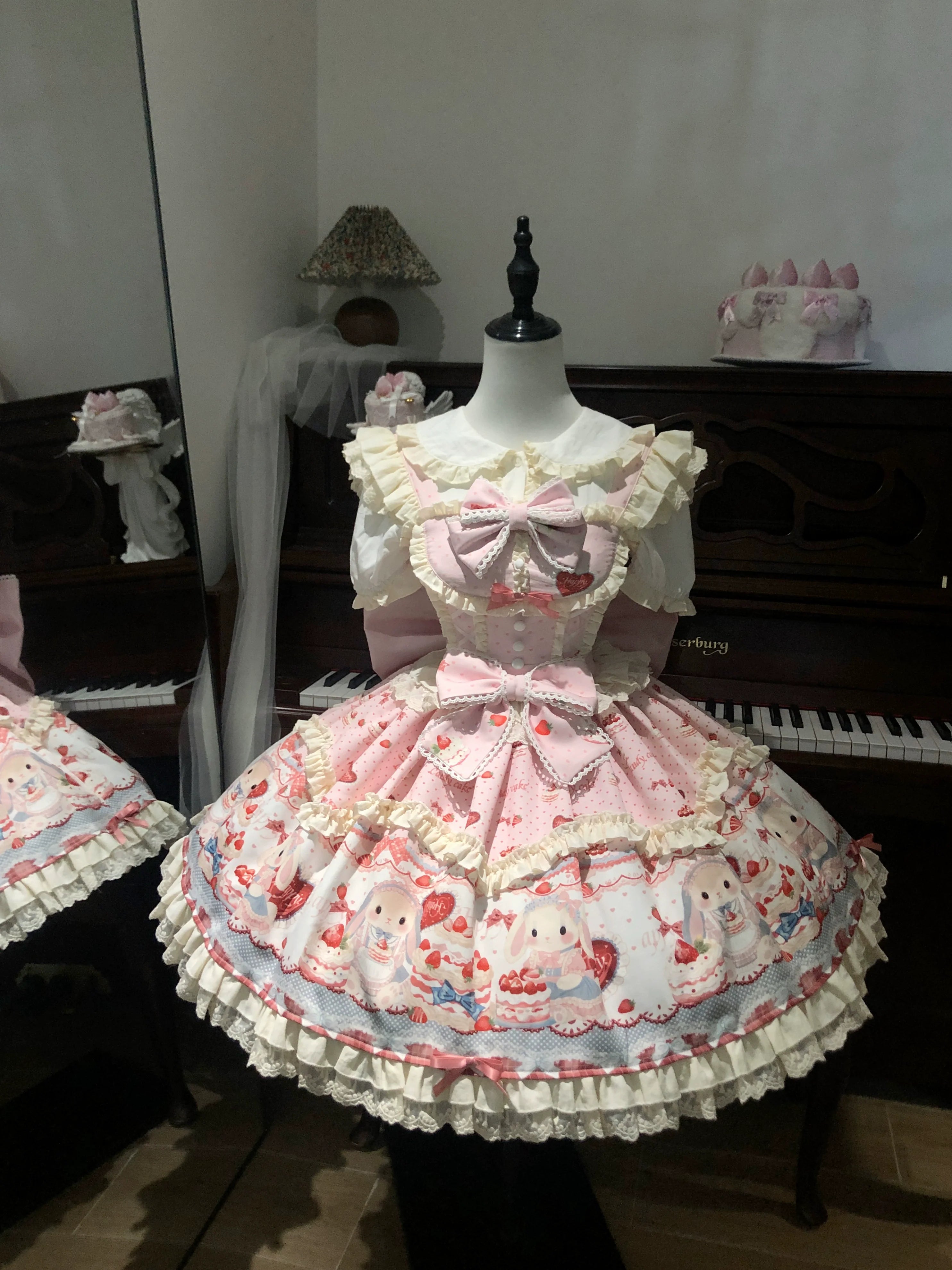 Bunny Party - Sweet Lolita JSK Dress, Cute Bunny & Cake Print