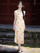 Sleeveless Floral Midi Cheongsam | Orange Blossoms