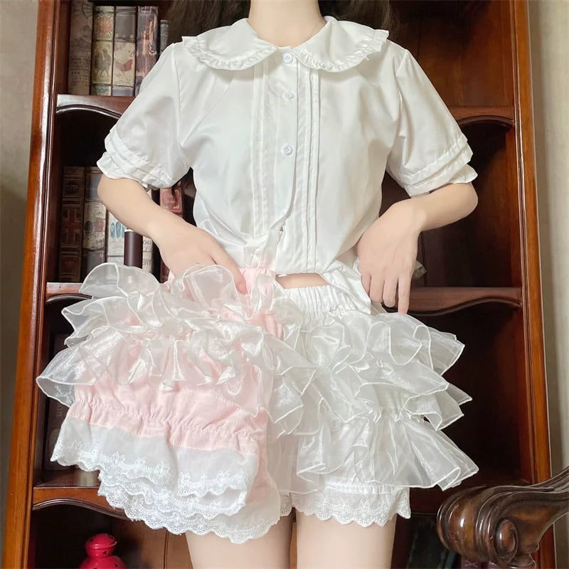 Cotton Lolita Bloomers, Ruffled Hem Cake Safety Shorts