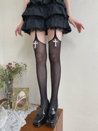 Fishnet Gothic Lolita Thigh Strap Pantyhose, Cross Pendant