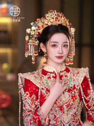 Crimson Majesty - Hanfu Crown Gold Red Luxury Bridal Phoenix Tiara for Xiuhe & Palace Hanfu Wedding Headpiece