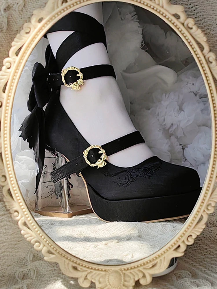 Dreamland - Floating Koi Land - Satin Classic Lolita Platform Shoes, Transparent Heel