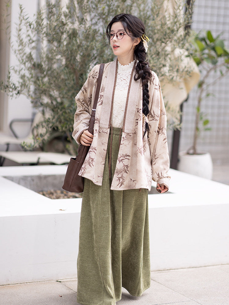 Ming Dynasty Modern Hanfu Winged Sleeve Top with Elastic Skirt - Oz Brown 绿野仙棕 (Preorder)