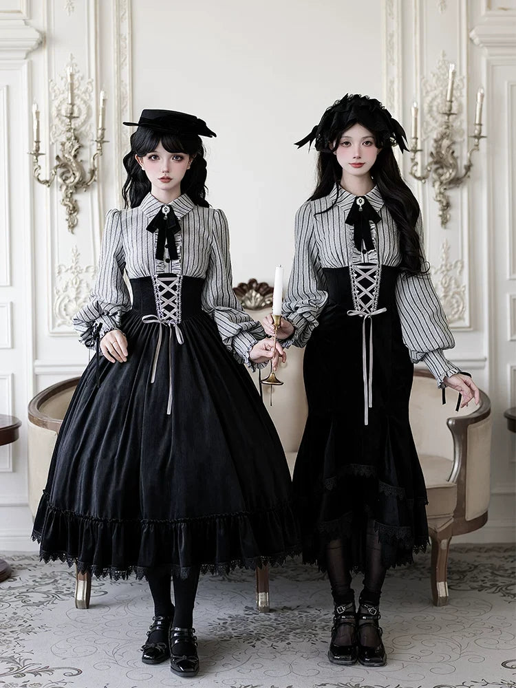 Dusk Moment - Classic Lolita Striped OP & Mermaid Dress Set, Fishbone Waist