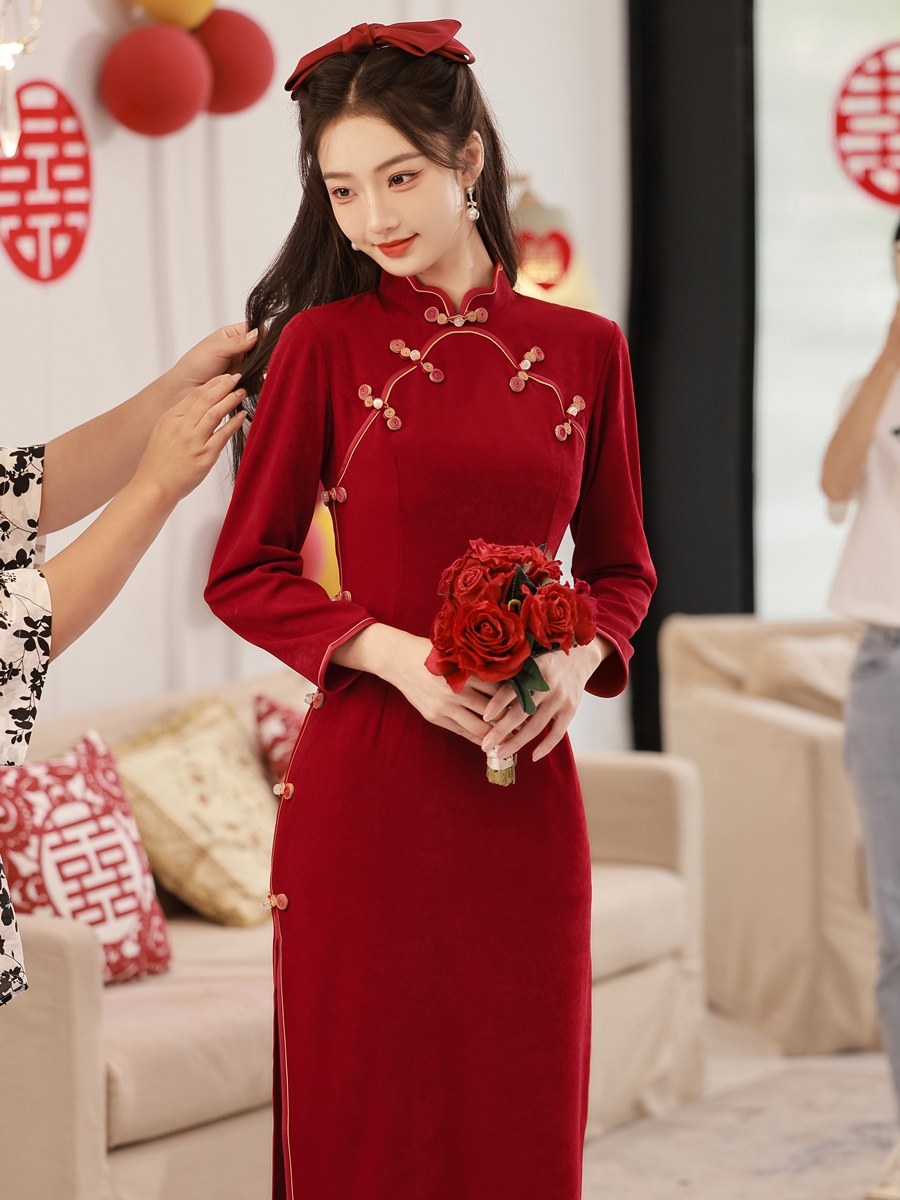 Chinese Wedding Engagement & Tea Ceremony Long Sleeve Cheongsam | Lovely Rose