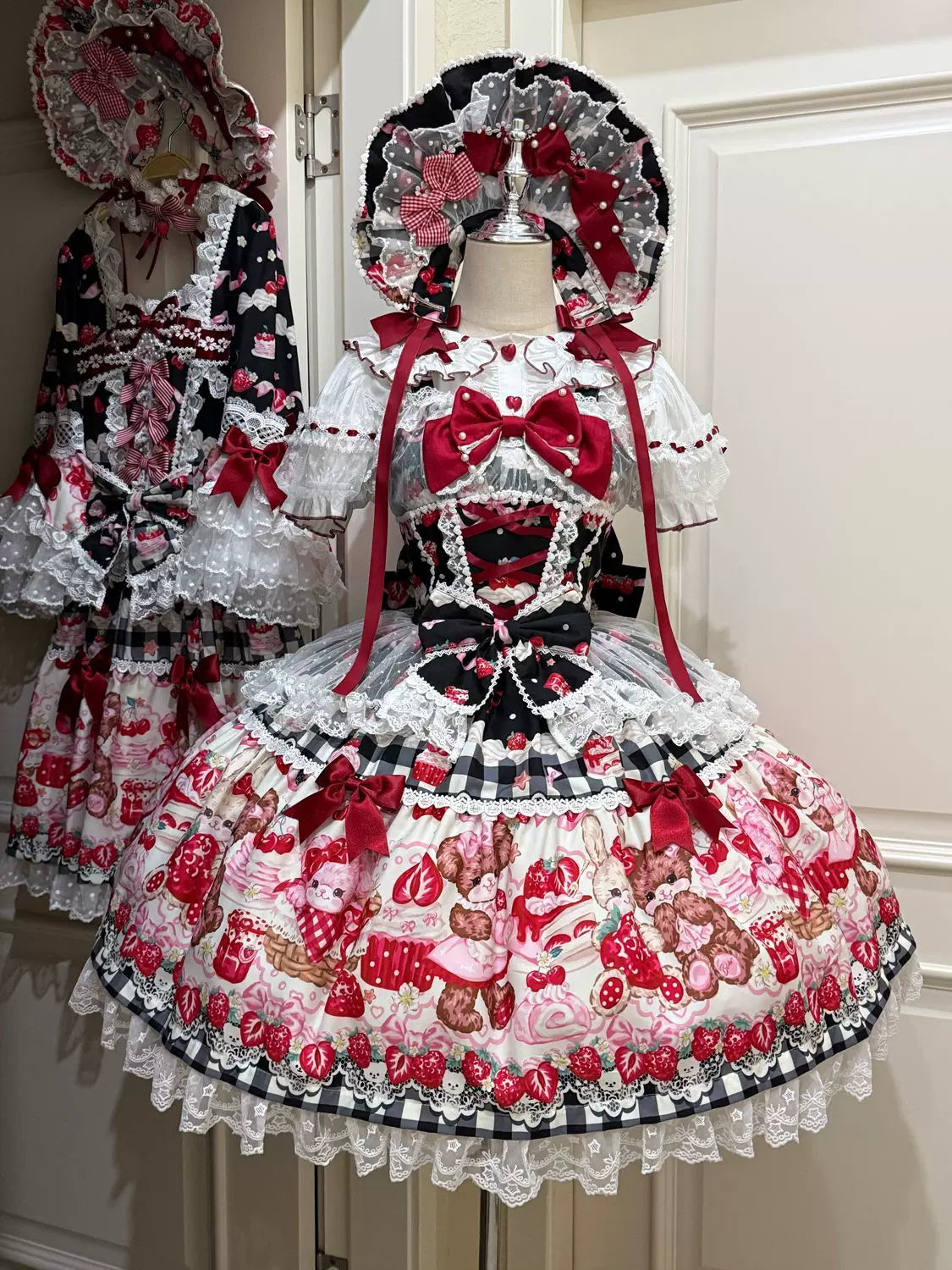 SweetBerry Bunny Bear - Sweet Lolita Tiered Lace JSK Dress, Strawberry and Bear Print
