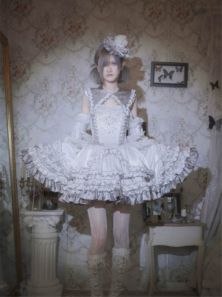 LustrE - Metallic Angel - Silver-white Punk Lolita JSK, Wing and Rhinestone Details