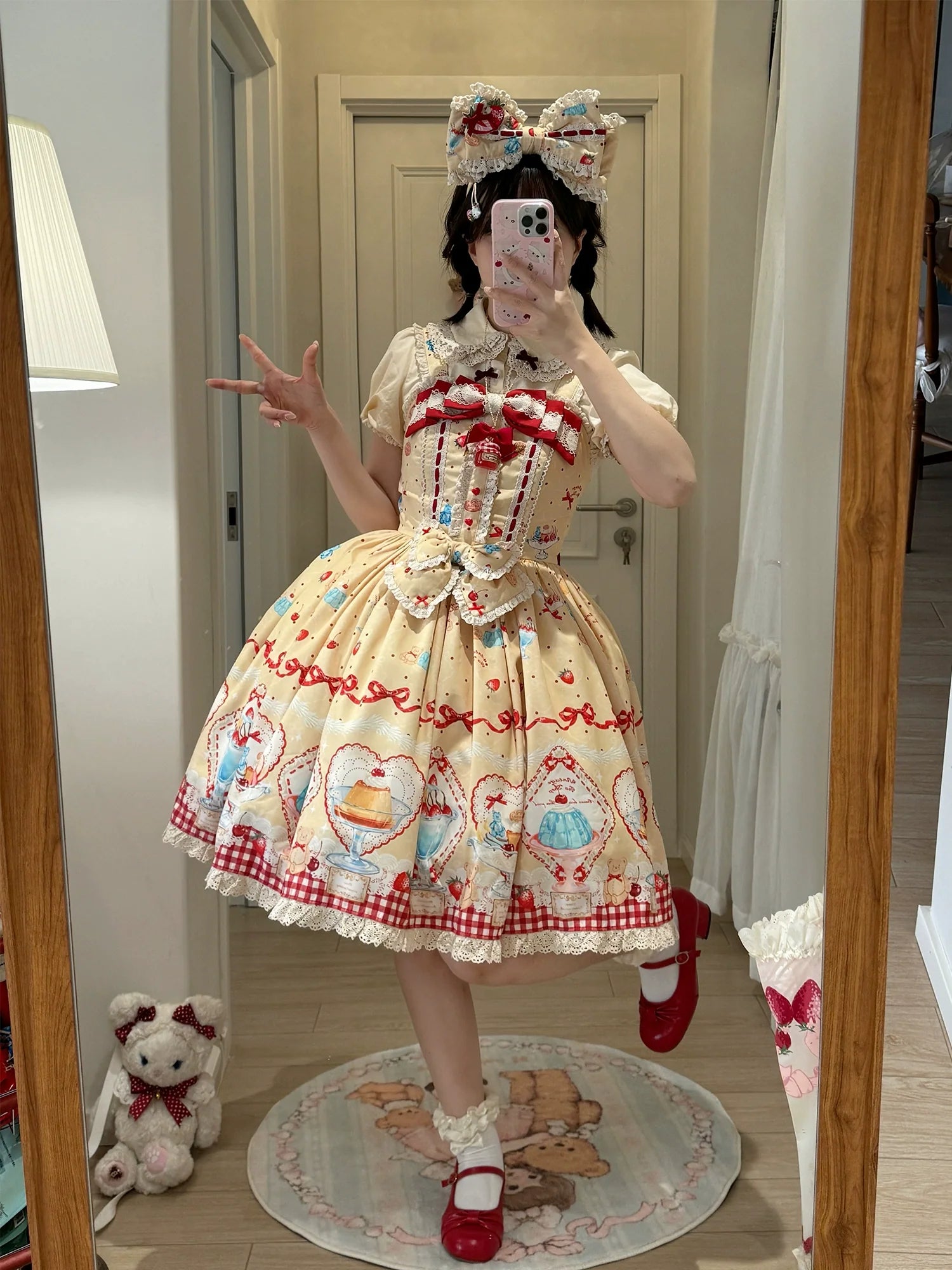 Showa Dessert Showcase - Pudding Print Kawaii Lolita JSK and Salopette Dress Suit