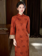 Patterned Long Sleeve Crimson Cheongsam | Vermilion Bird