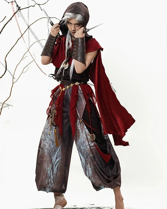 Crimson Feather 赤翎 - Hooded Sleeveless Hanfu Set with Cloak and Pants, Summer Martial Wanderer Outfit (Preorder)