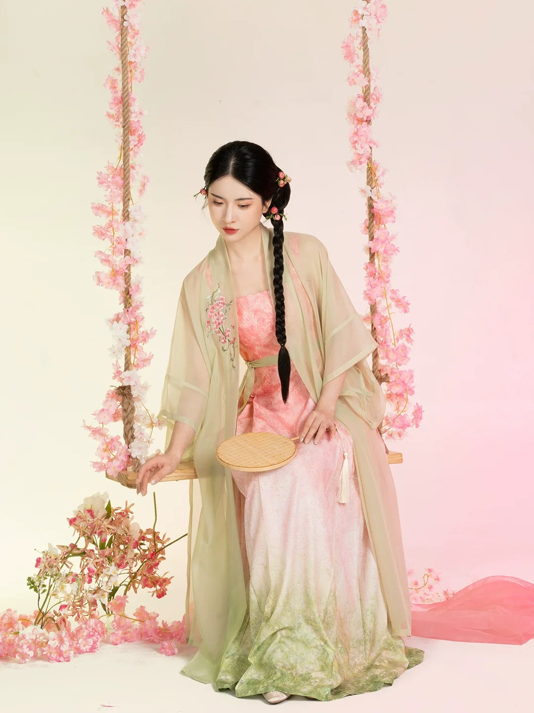 Song Dynasty Modern Hanfu Set with Changgan Temple Beizi and Mamian Slip Dress - Peach Willow Branch 桃柳枝 (Preorder)