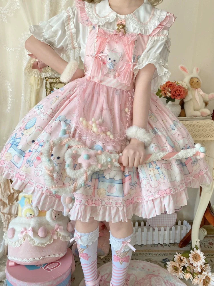 Suiyi - Meow Pompom - Sweet Lolita Salopette Dress Suit, Cat Print