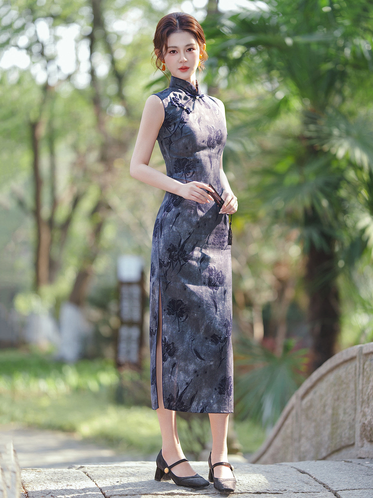 Sleeveless Floral Midi Cheongsam | Nightshade