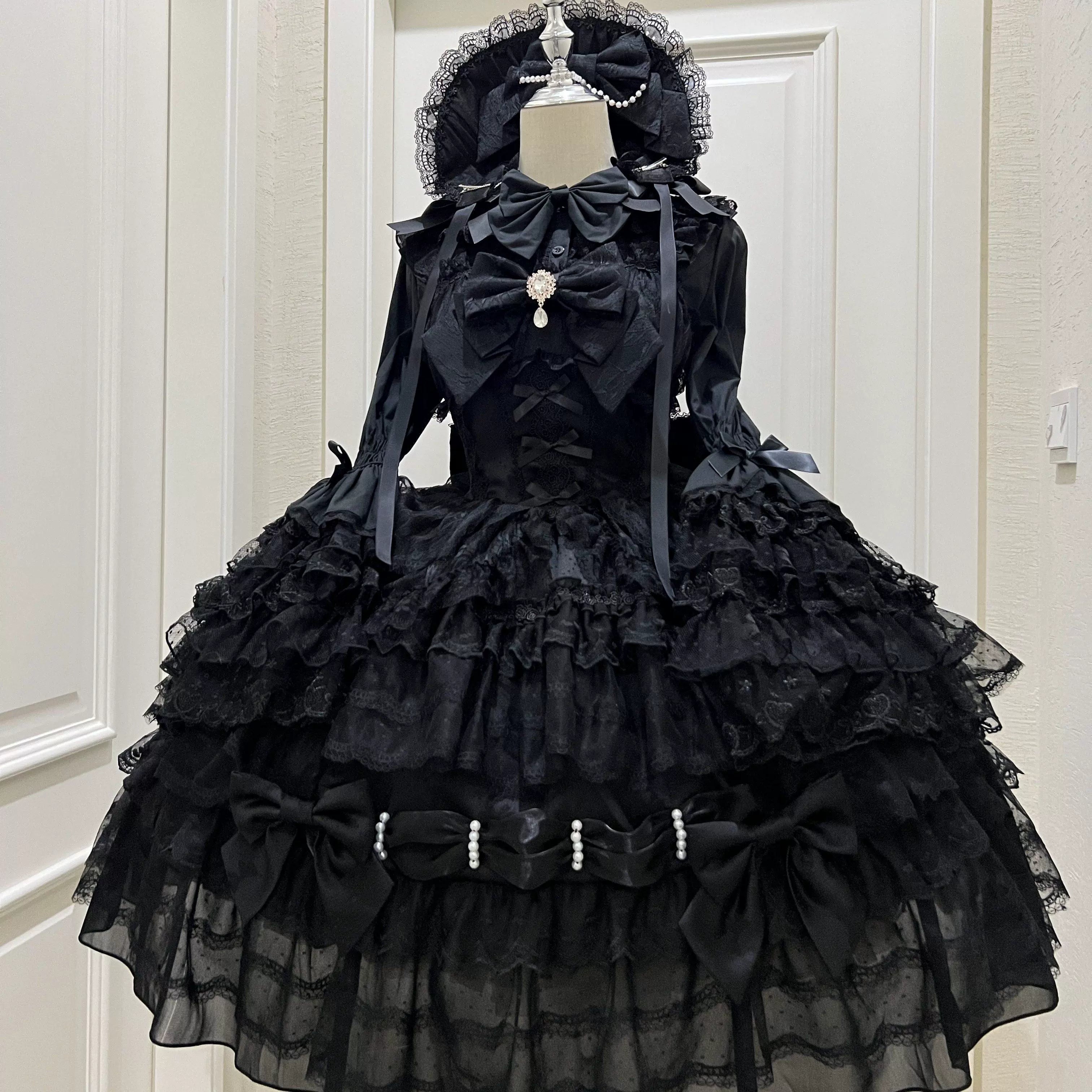 Dream Prelude - Dreamy Princess Lolita JSK Dress Suit, Tiered Lace Black JSK + Back Trailing Bow S