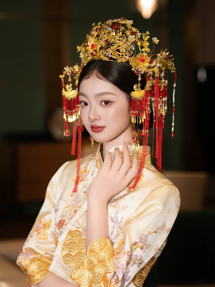 Golden Phoenix Grace - Luxury Phoenix Crown Bridal Headpiece Red Tassel and Gold Flower Chinese Wedding Hair Accessories for Xiuhe Dress