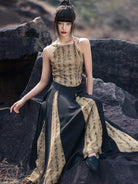 New Chinese Style Retro Contrast Calligraphy Print A-Line Skirt