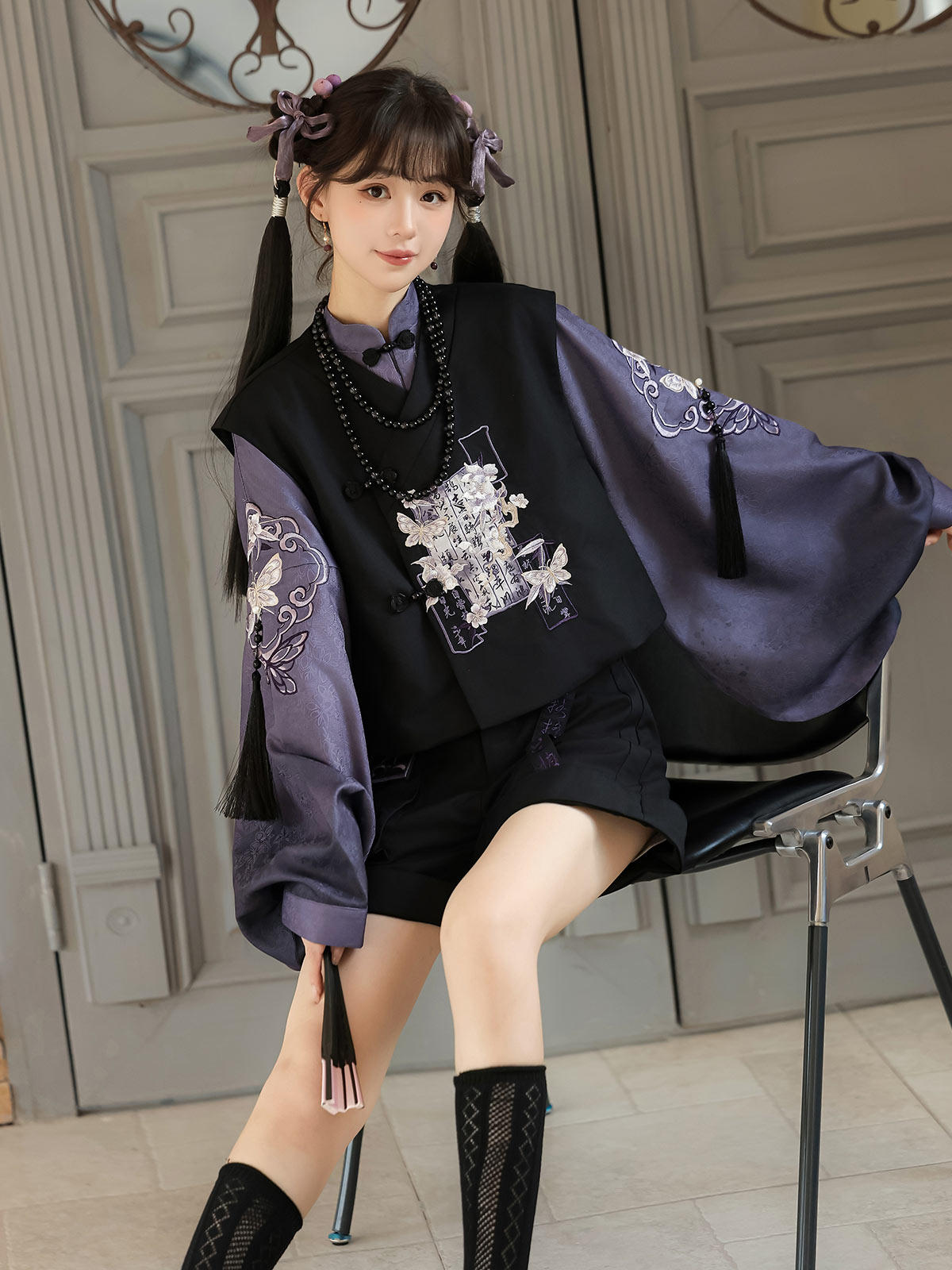 New Chinese Style Pipa Sleeve Top and Shorts - Yanmoyin 砚墨引