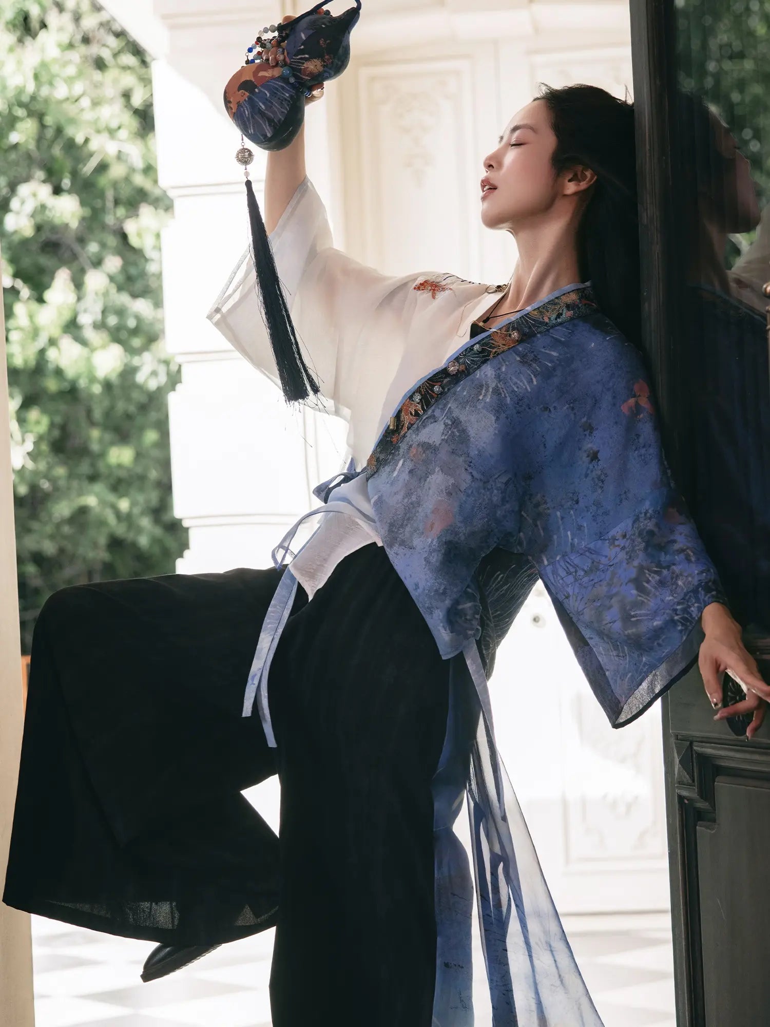 New Chinese Style Cross Collar Cardigan and Wide Leg Pants - Fish and Dragon Dance 鱼龙舞