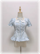 Haruhime Momoko - Old School Lolita Blue Cotton Blouse, Cross Halter Neck