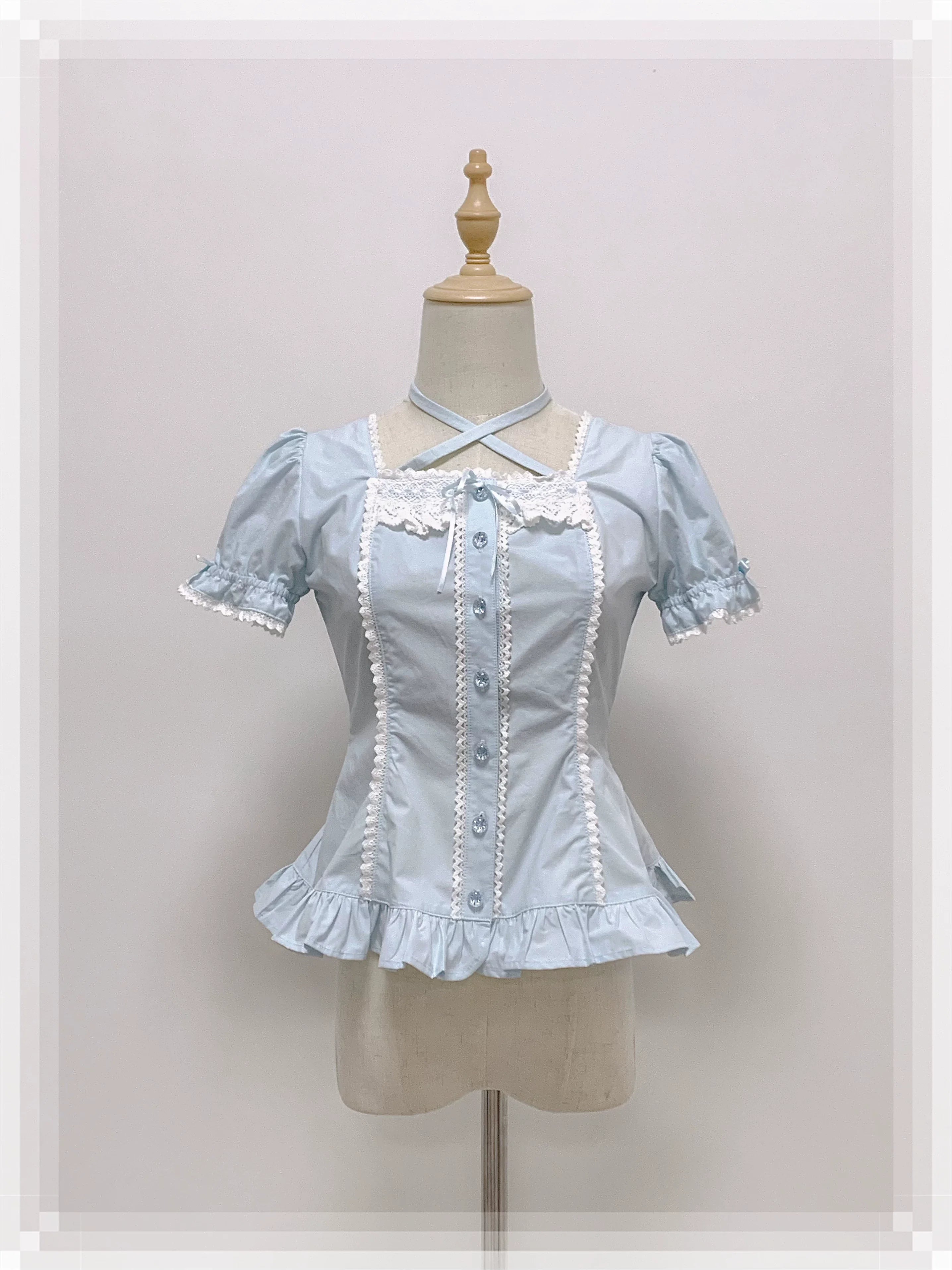 Haruhime Momoko - Old School Lolita Blue Cotton Blouse, Cross Halter Neck